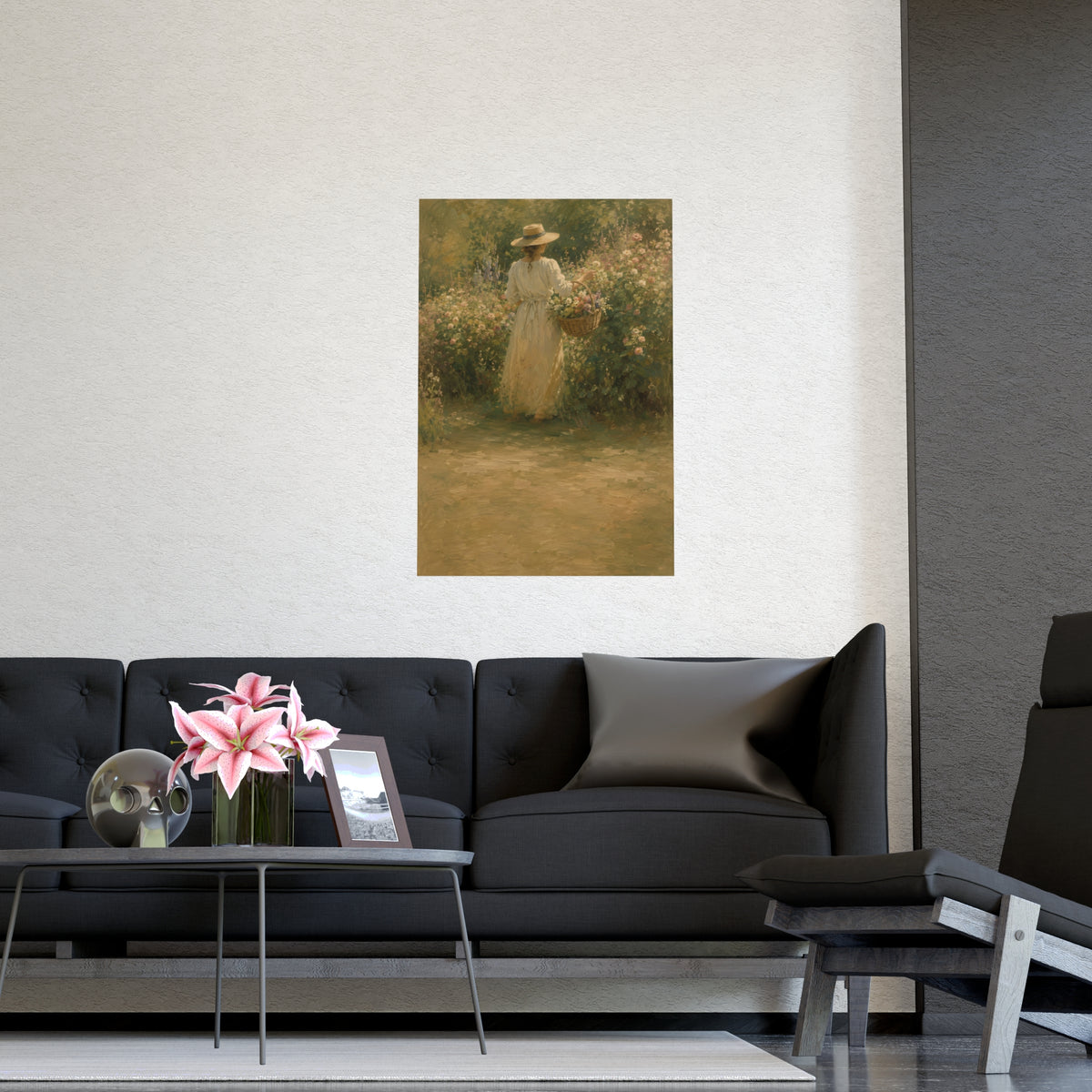 Gathering Flowers — a woman in a straw hat gathering flowers into a wicker basket, shown framed on a wall