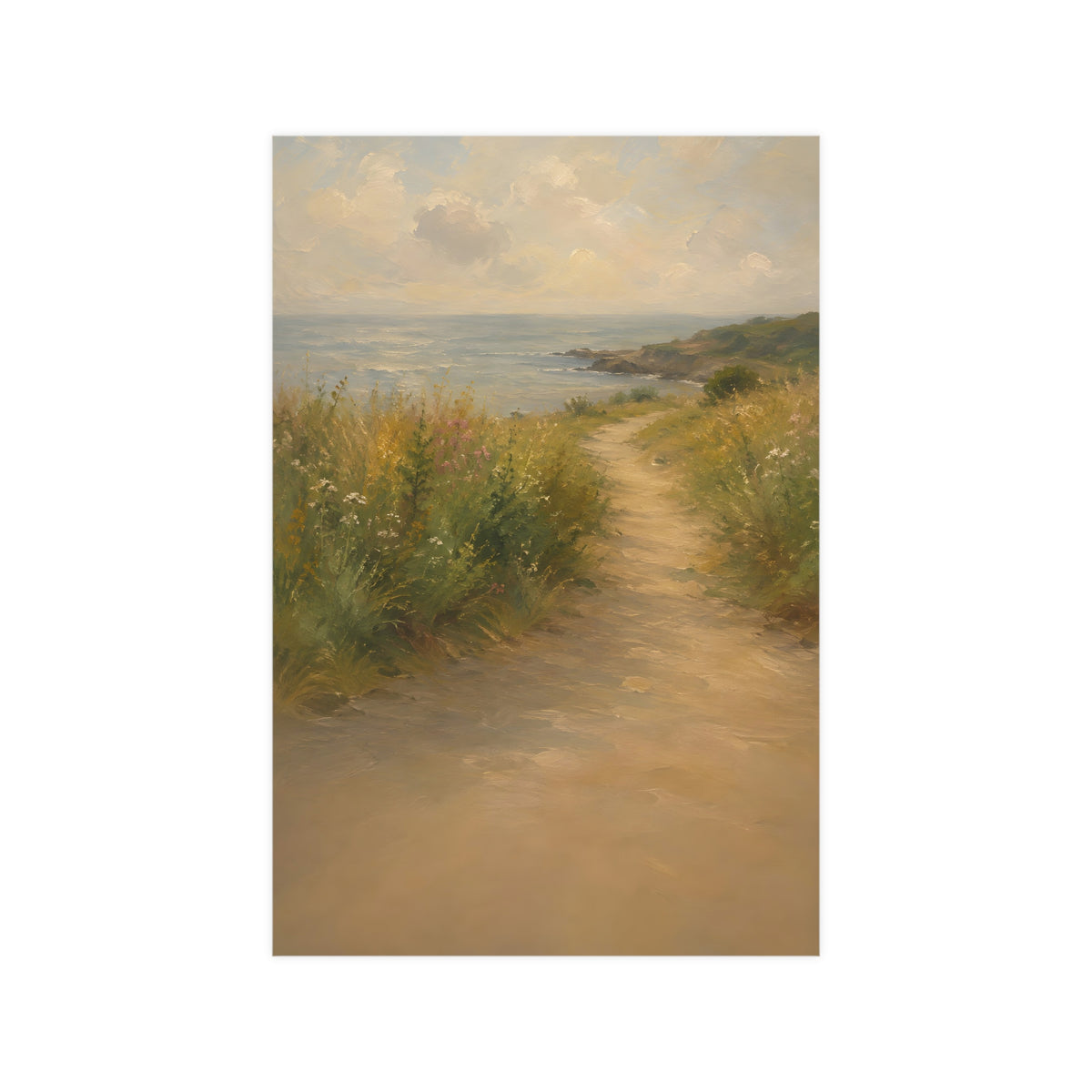 Coast Path — a sandy path through wild grasses and sea pinks with a calm sea beyond, 12x18 in print