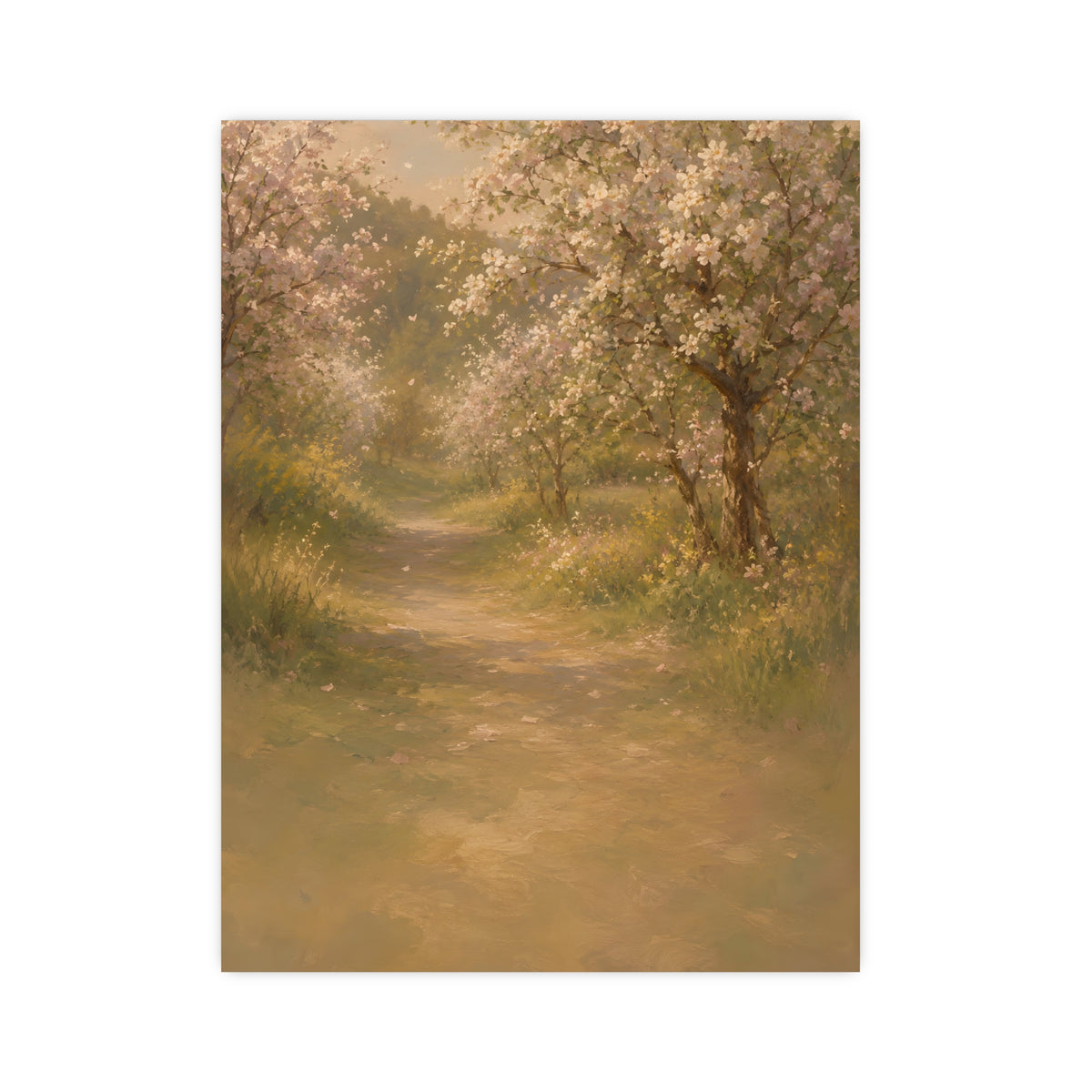 Orchard Path in Spring — a quiet orchard path with blossom drifting, 12x16 in print