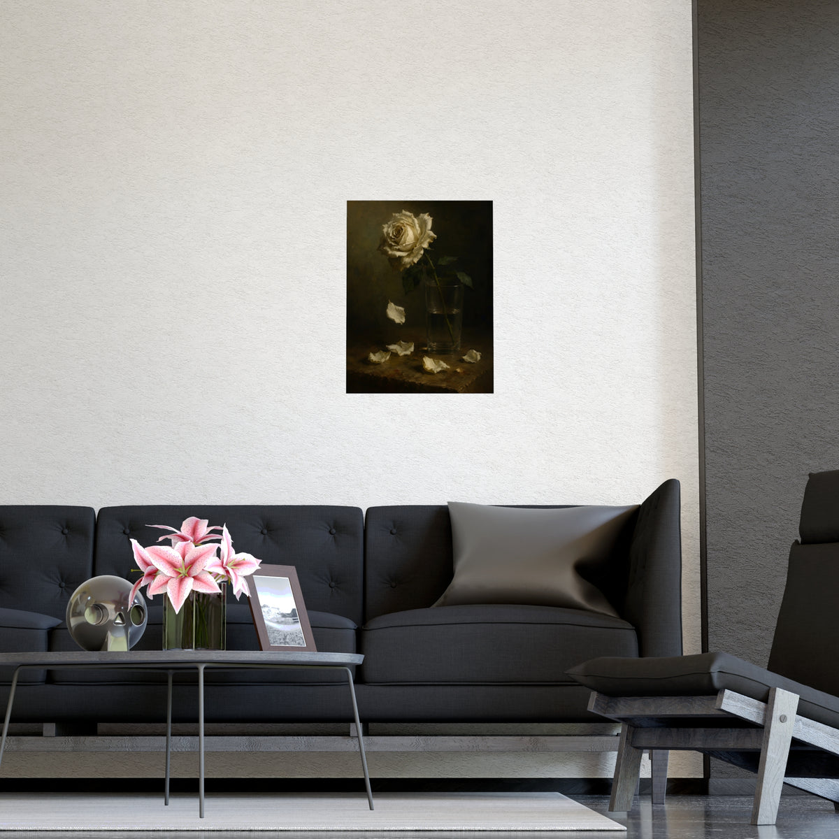 White Rose, Falling — white rose, falling, shown framed on a wall