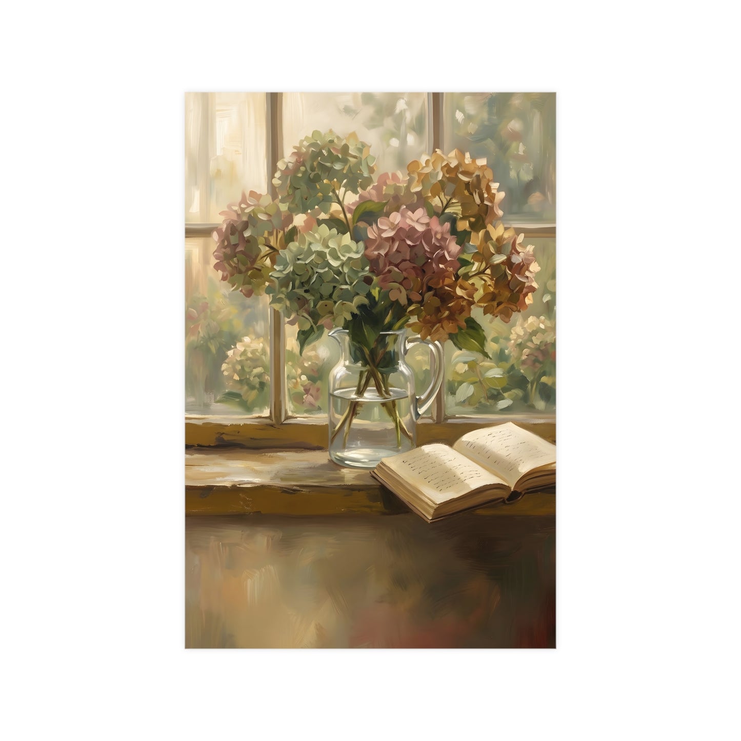 Hydrangeas and a Book — hydrangeas in a glass jug beside an open book on a sunlit windowsill, 12x16 in print