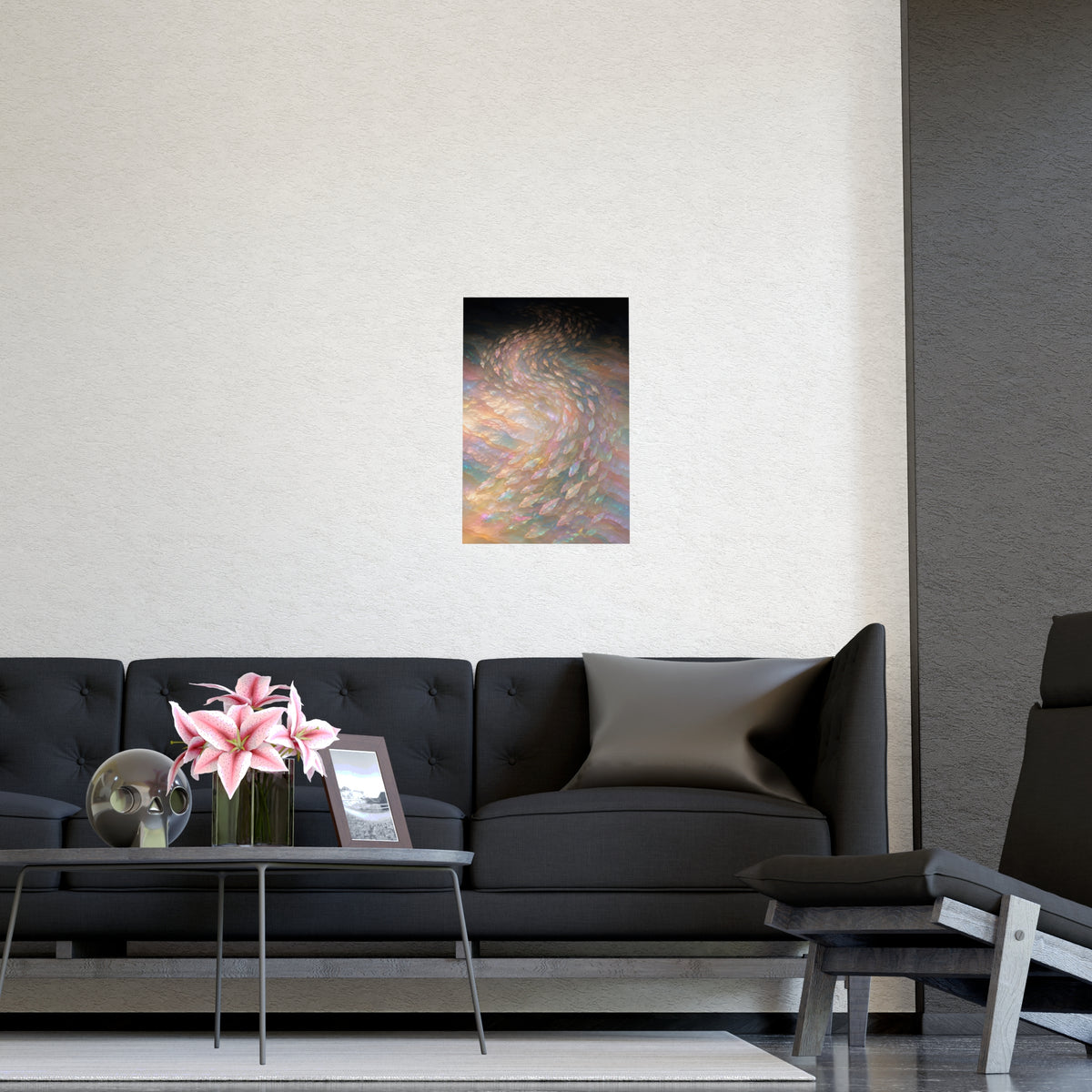 A Shoal, Turning — a shoal, turning, shown framed on a wall
