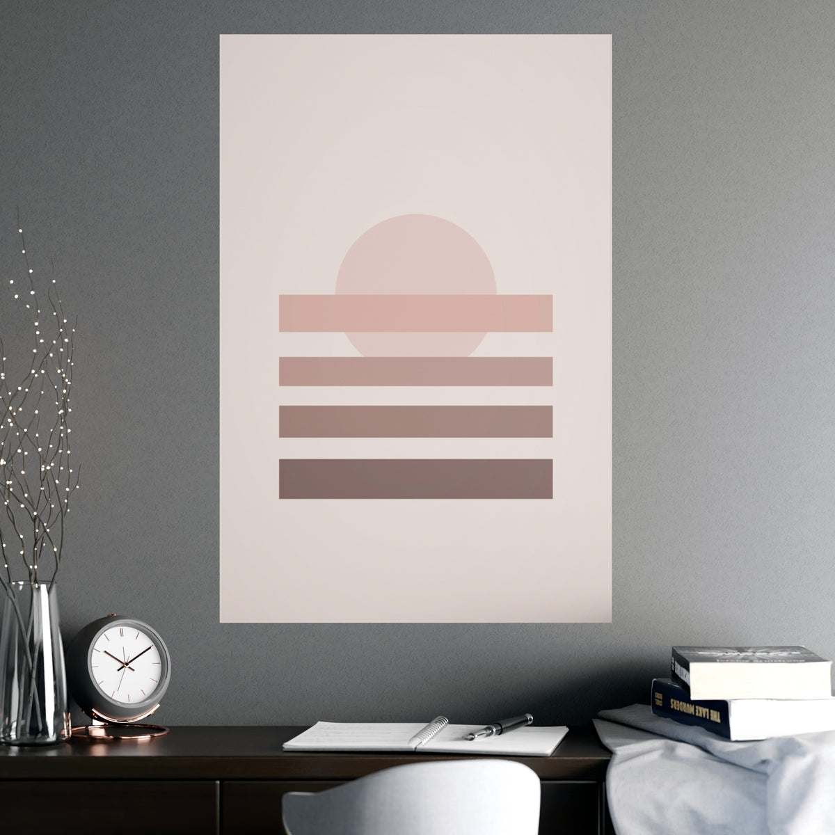 Dusty Rose Sunset Landscape Wall Art — sunset landscape in a dusty rose palette, shown framed on a wall