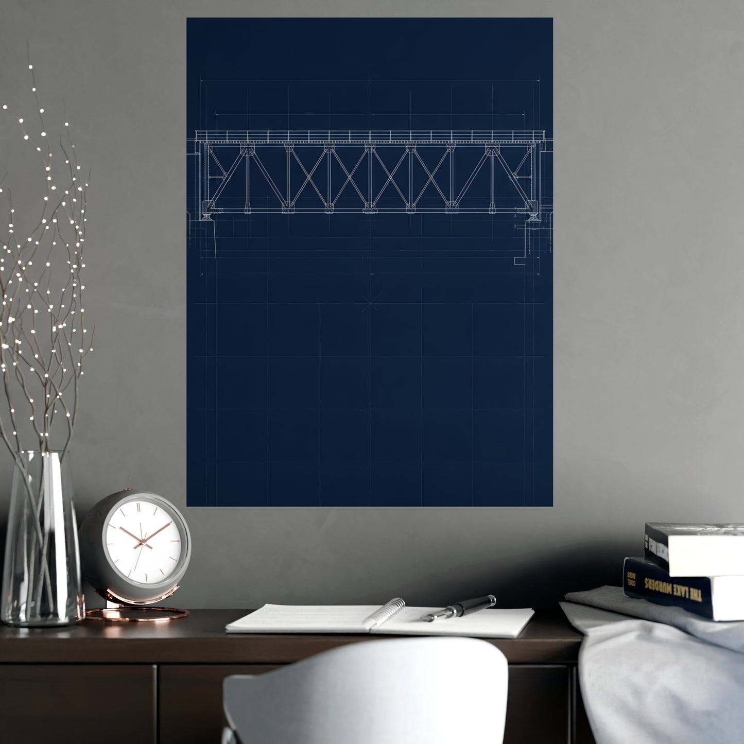 Bridge Truss hung on a grey wall above a dark sofa, 18x24 in print