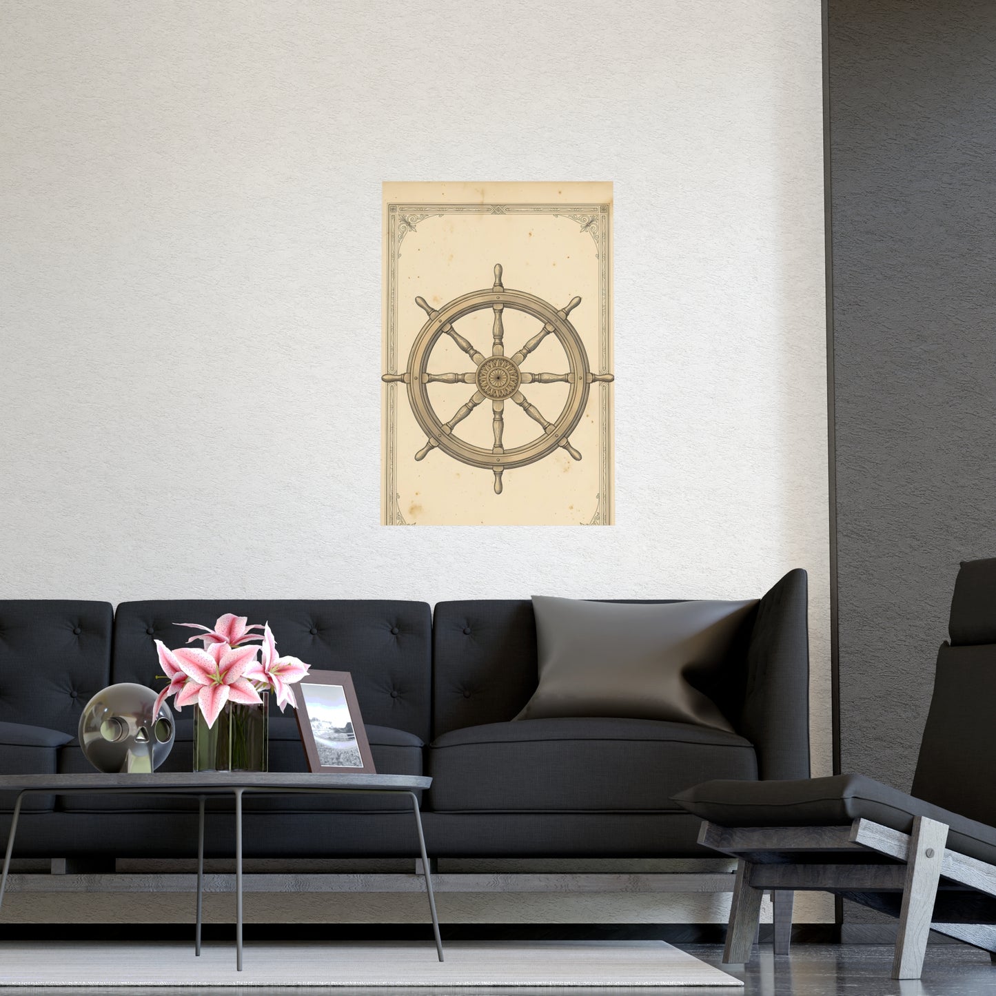 Ship's Wheel hung on a grey wall above a dark sofa, 16x24 in print