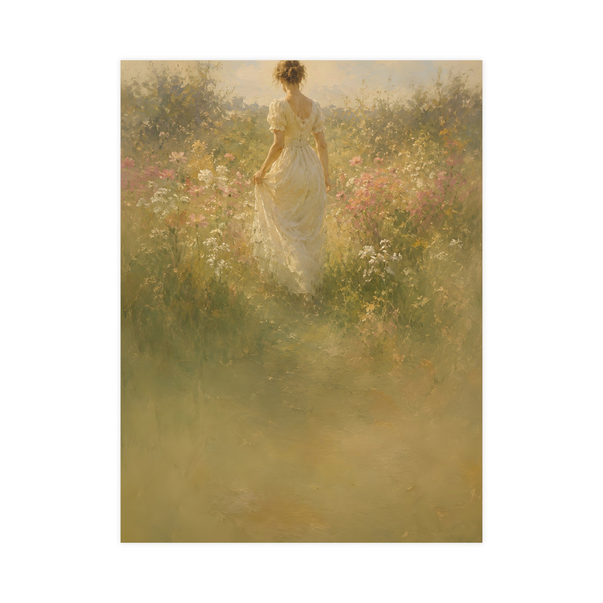 Meadow Walk — a woman walking through a summer meadow of wildflowers, 18x24 in print