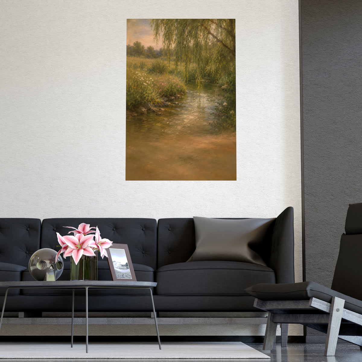 Willow Stream — a shallow stream winding through a meadow with willow branches trailing over the water, shown framed on a wal