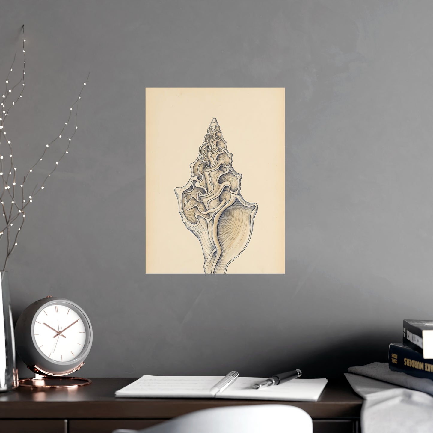 Conch Shell on a living room wall beside a tall vase, 12x18 in print