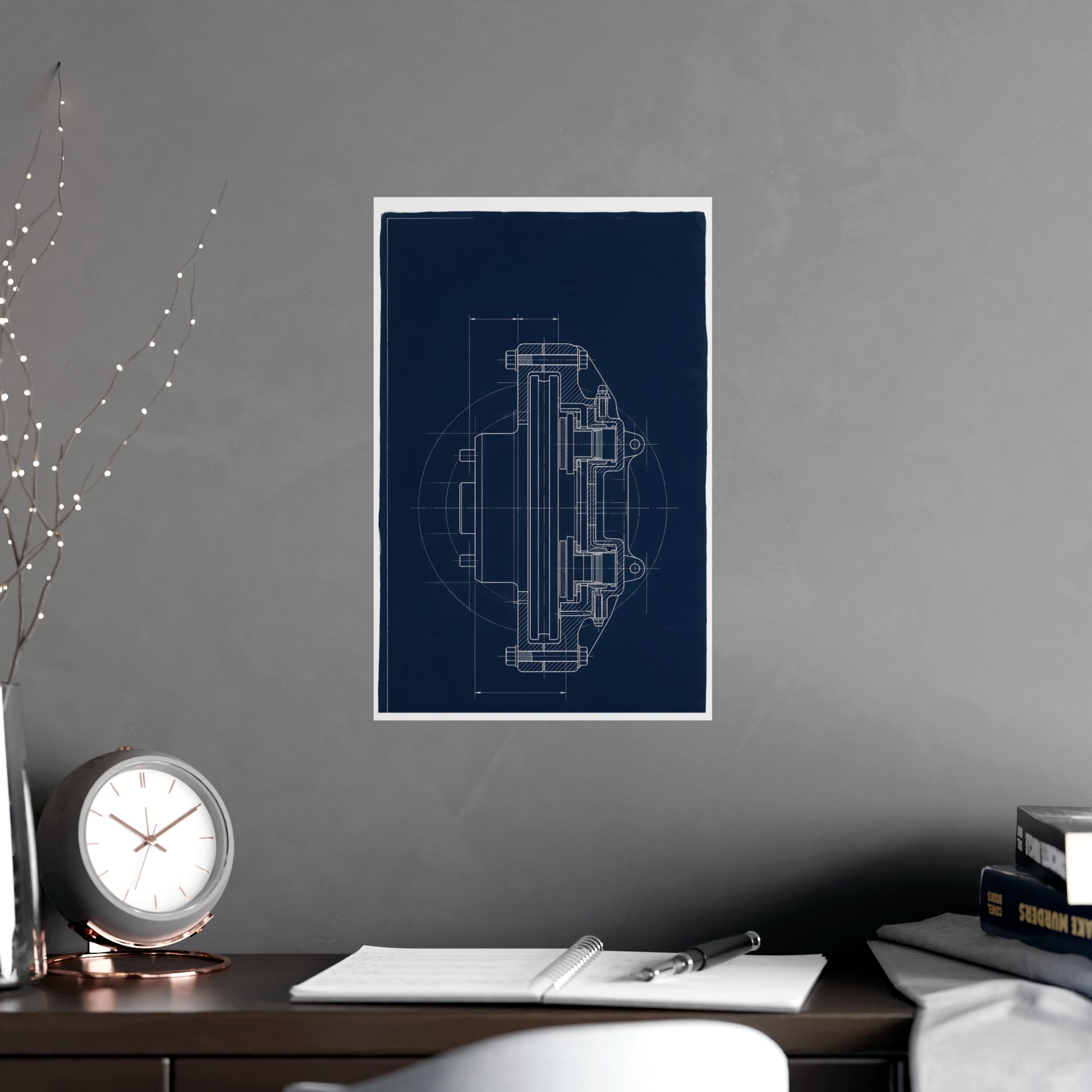 Disc Brake, in Section on a living room wall beside a tall vase, 11x17 in print
