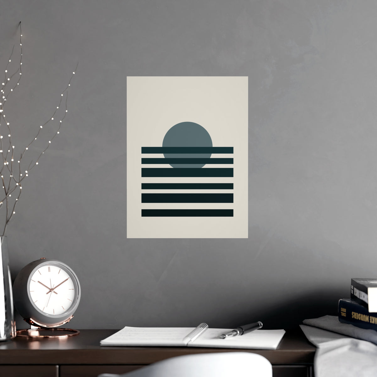 Deep Teal Sunset Landscape Wall Art — sunset landscape in a deep teal palette, shown framed on a wall