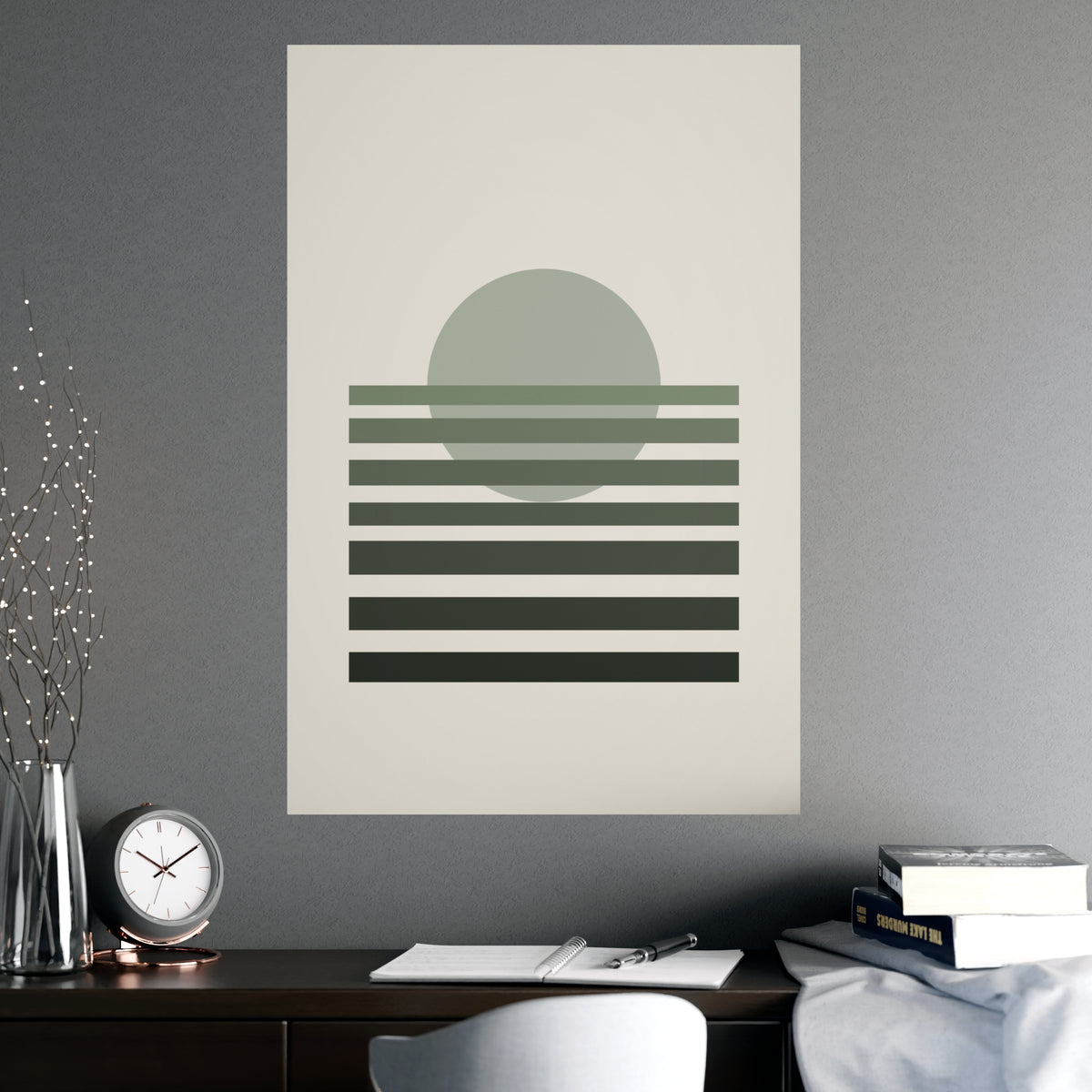 Sage Neutral Sunset Boho Wall Art — sunset in a sage neutral palette, shown framed on a wall