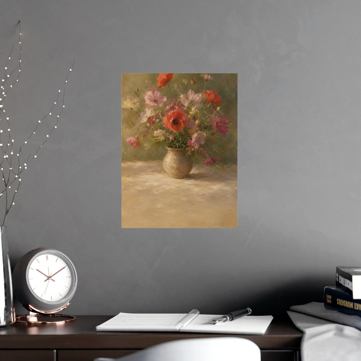 Poppy and Cosmos Bouquet — a loose bouquet of poppies and cosmos in an earthenware vase, shown framed on a wall