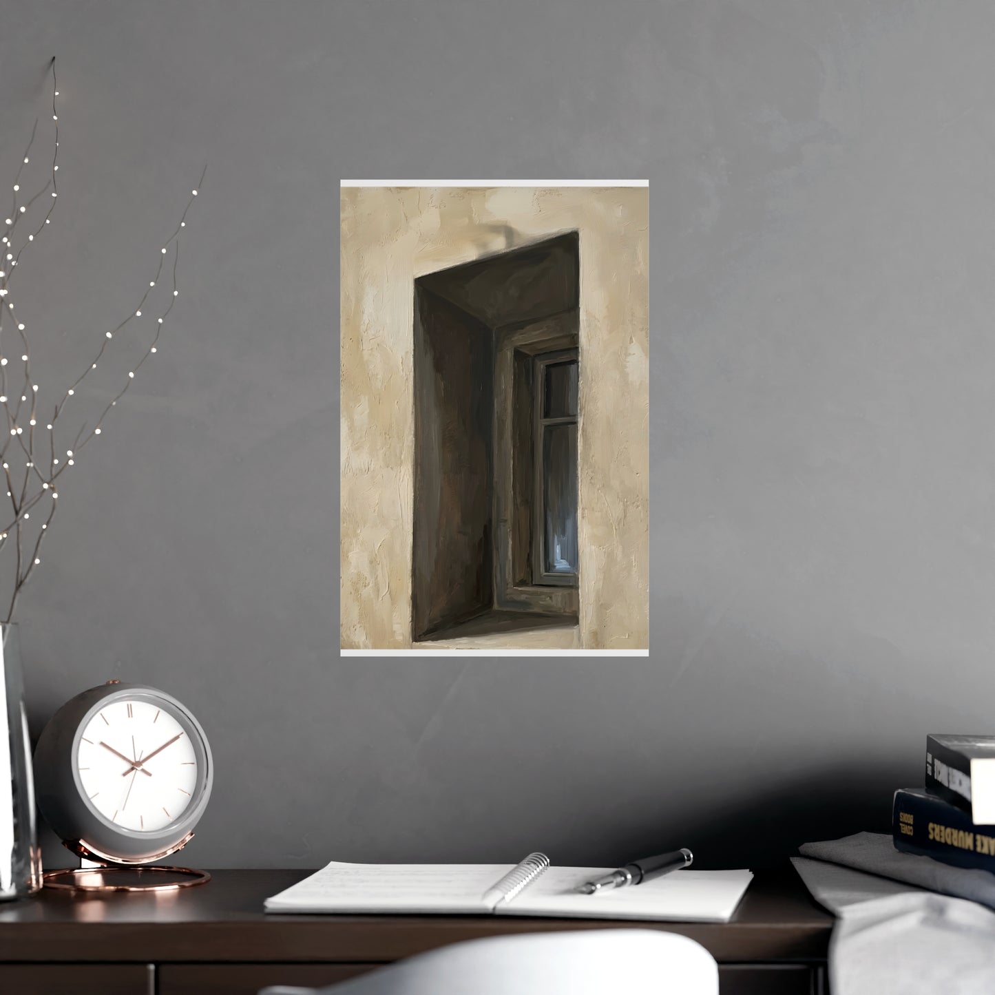 Window Recess on a living room wall beside a tall vase, 11x17 in print