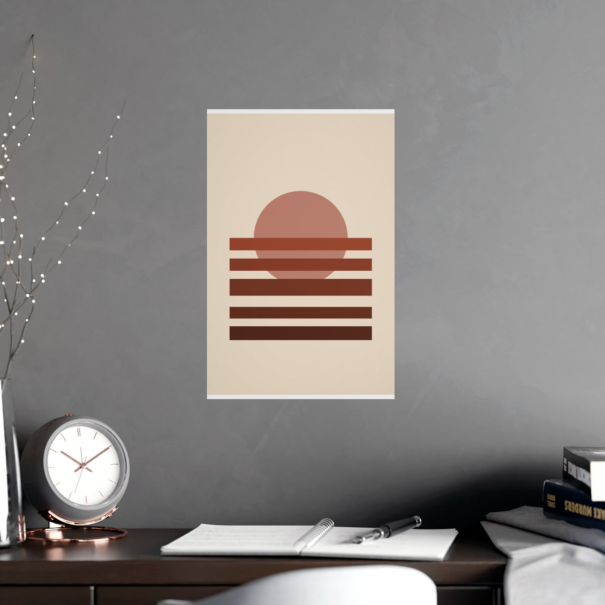 Muted 70s Sunset Landscape Wall Art — sunset landscape in a muted 70s palette, shown framed on a wall
