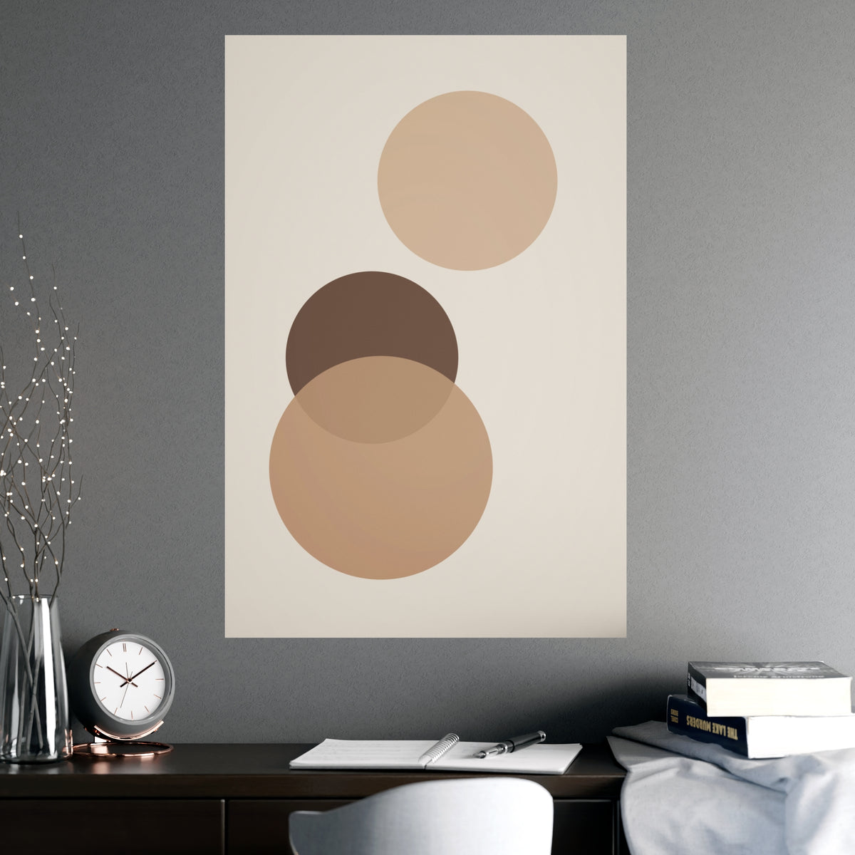 Sand Clay Circles Modern Wall Art — circles in a sand clay palette, shown framed on a wall