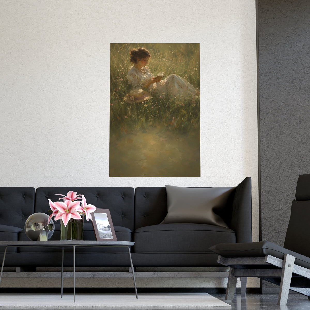Reading in Tall Grass — a woman reading in tall summer grass, straw hat beside her, shown framed on a wall