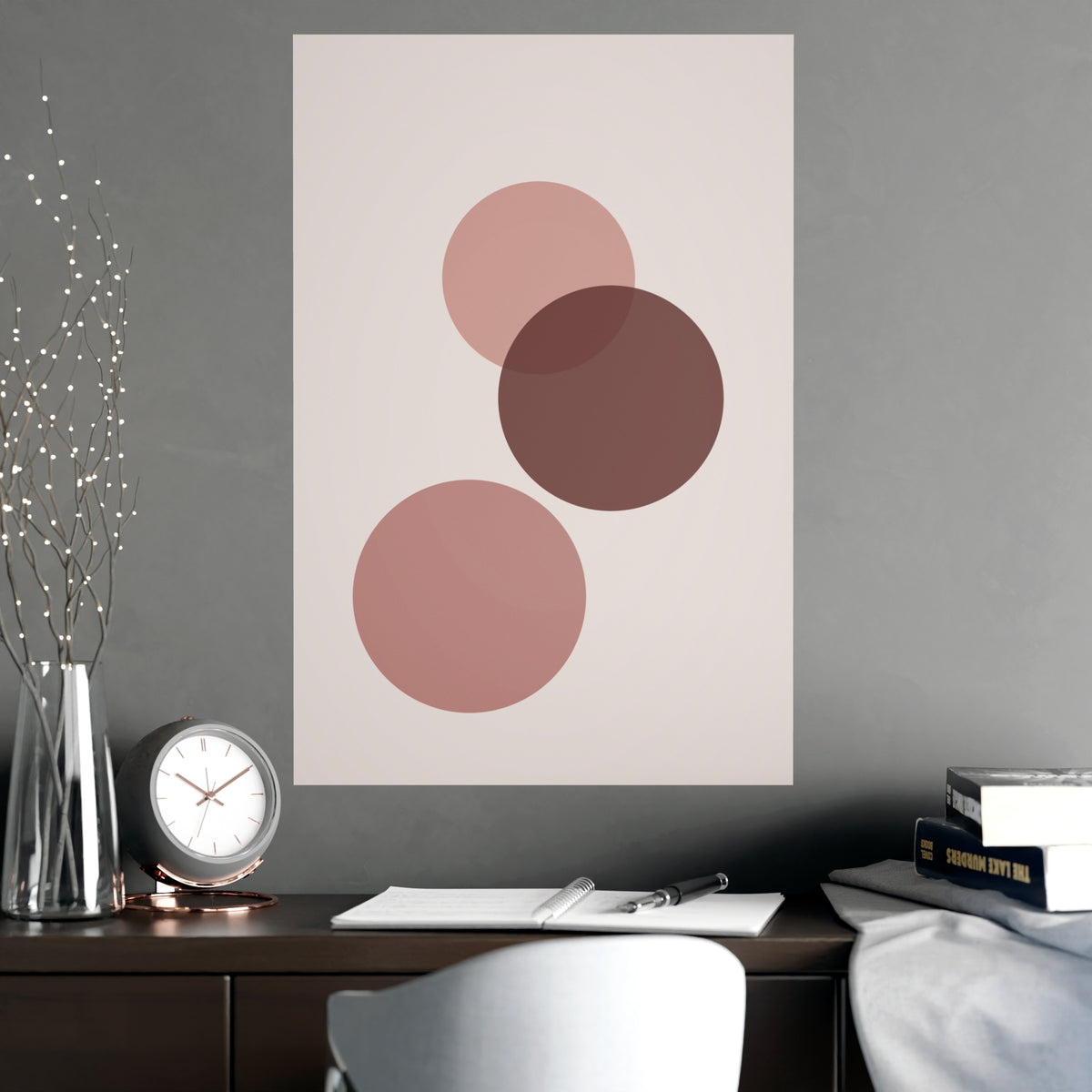 Dusty Rose Circles Modern Wall Art — circles in a dusty rose palette, shown framed on a wall