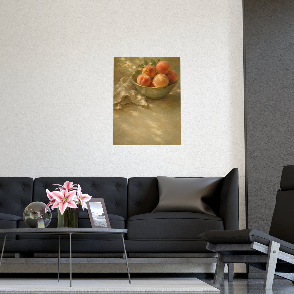 Bowl of Peaches — a bowl of ripe peaches and a folded linen napkin on a sunlit table, shown framed on a wall