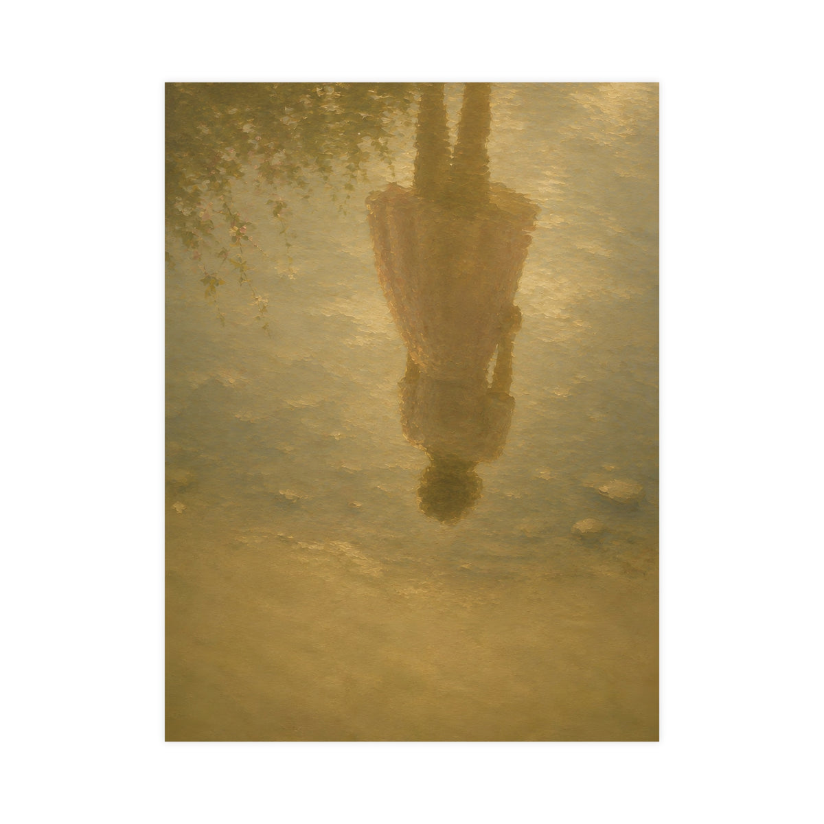 Reflected in the Shallows — only a woman's reflection in still shallow water, the figure herself out of frame, 18x24 in print