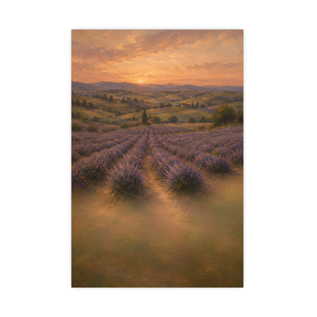 Lavender Fields at Dusk — lavender rows receding into soft hills at dusk, 16x24 in print