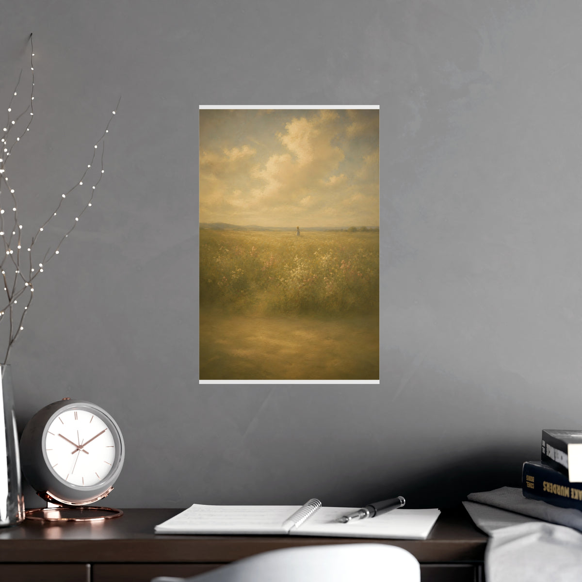 Small in the Field — a single figure very small and far off in a wide wildflower field under a wide summer sky, shown framed