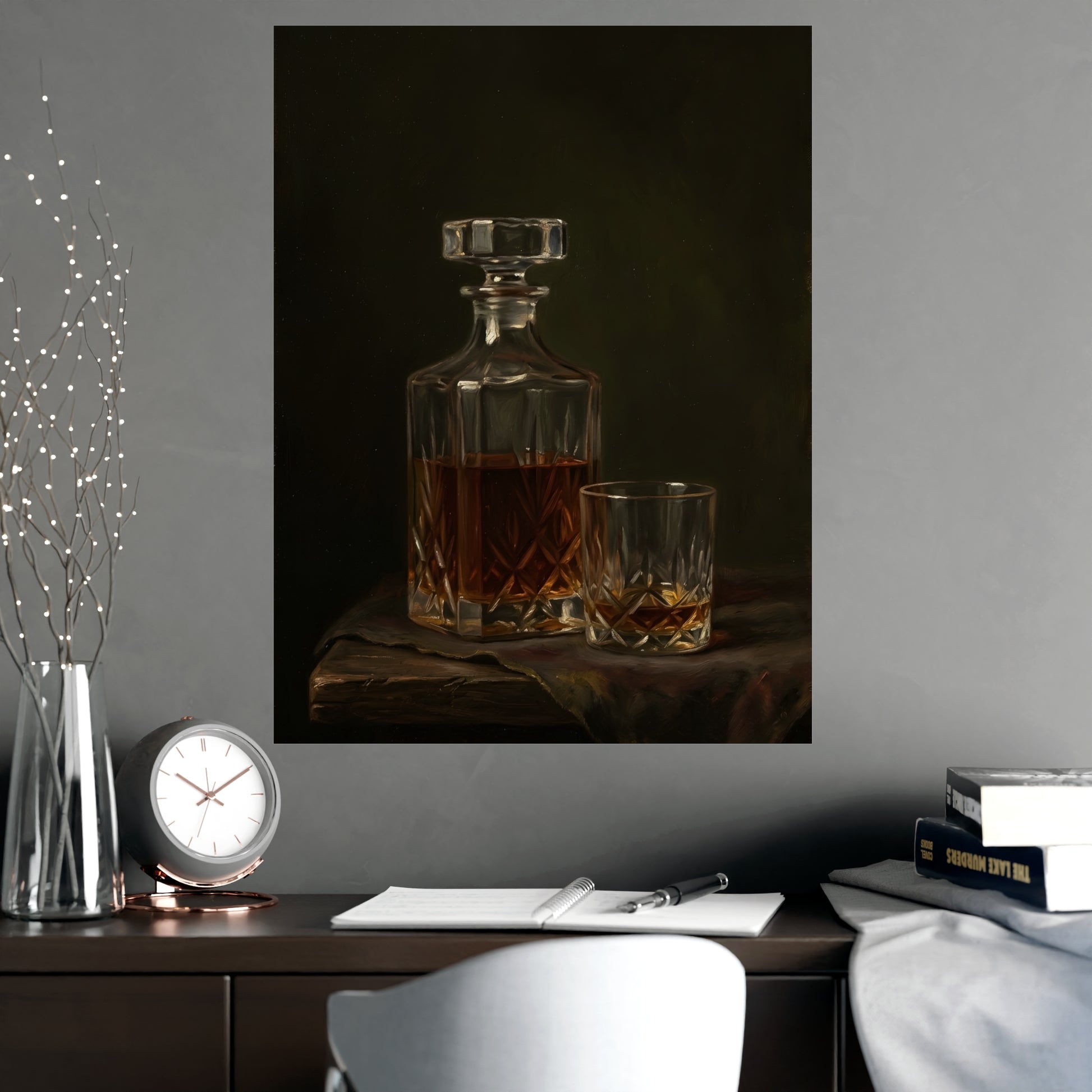 Decanter and Glass on a plain wall, shown at a larger size, 18x24 in print