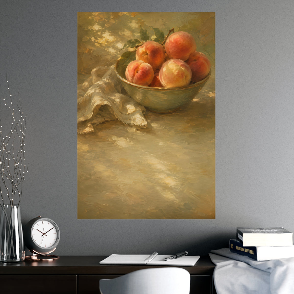Bowl of Peaches — a bowl of ripe peaches and a folded linen napkin on a sunlit table, shown framed on a wall