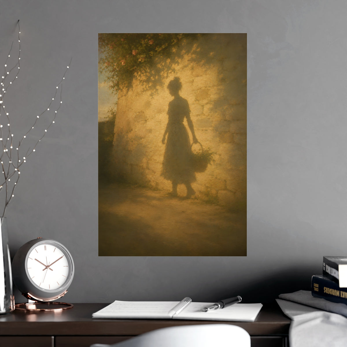 Her Shadow on the Wall — the long shadow of a woman carrying a basket, cast across a sunlit stone wall, shown framed on a wal
