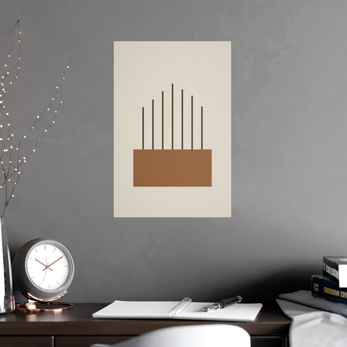 Warm Earth Lines Boho Wall Art — lines in a warm earth palette, shown framed on a wall