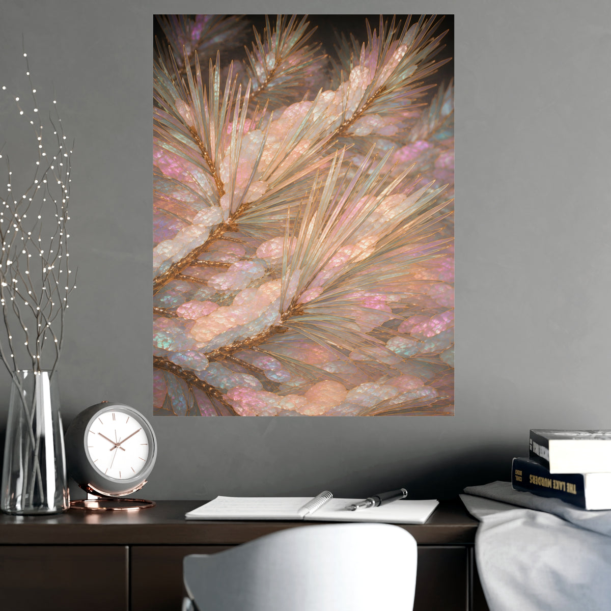 Snow on Pine — snow on pine, shown framed on a wall