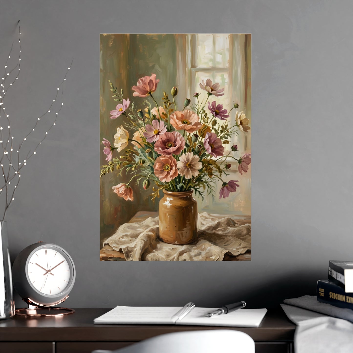 Gemini 02 hung above a desk with a clock and notebook, 18x24 in print