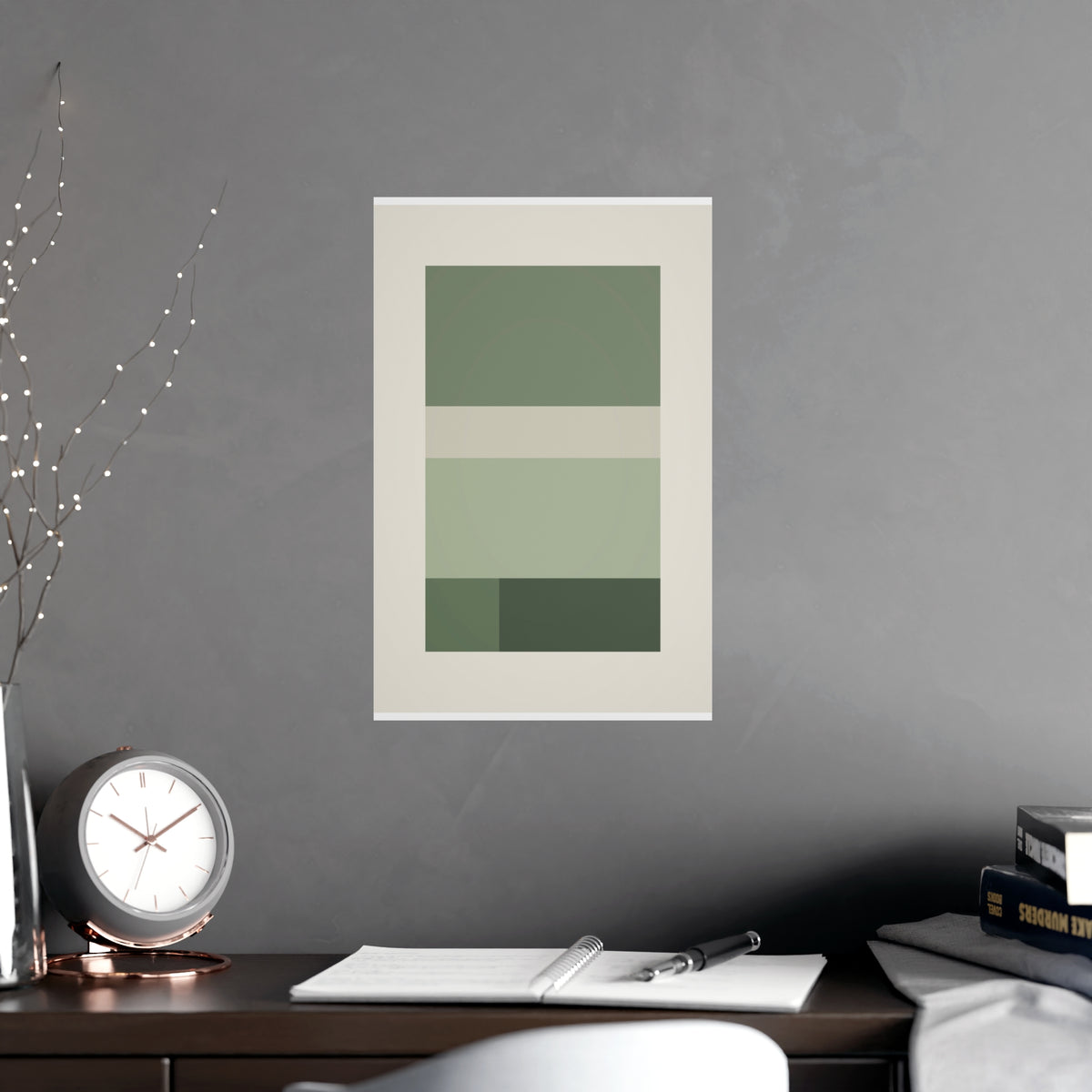 Sage Neutral Blocks Boho Wall Art — blocks in a sage neutral palette, shown framed on a wall