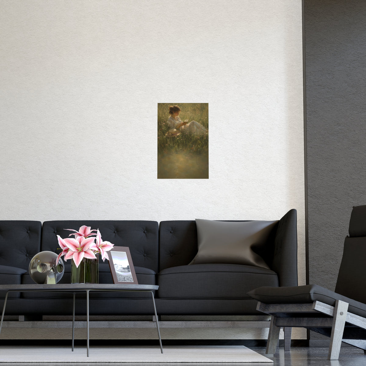 Reading in Tall Grass — a woman reading in tall summer grass, straw hat beside her, shown framed on a wall