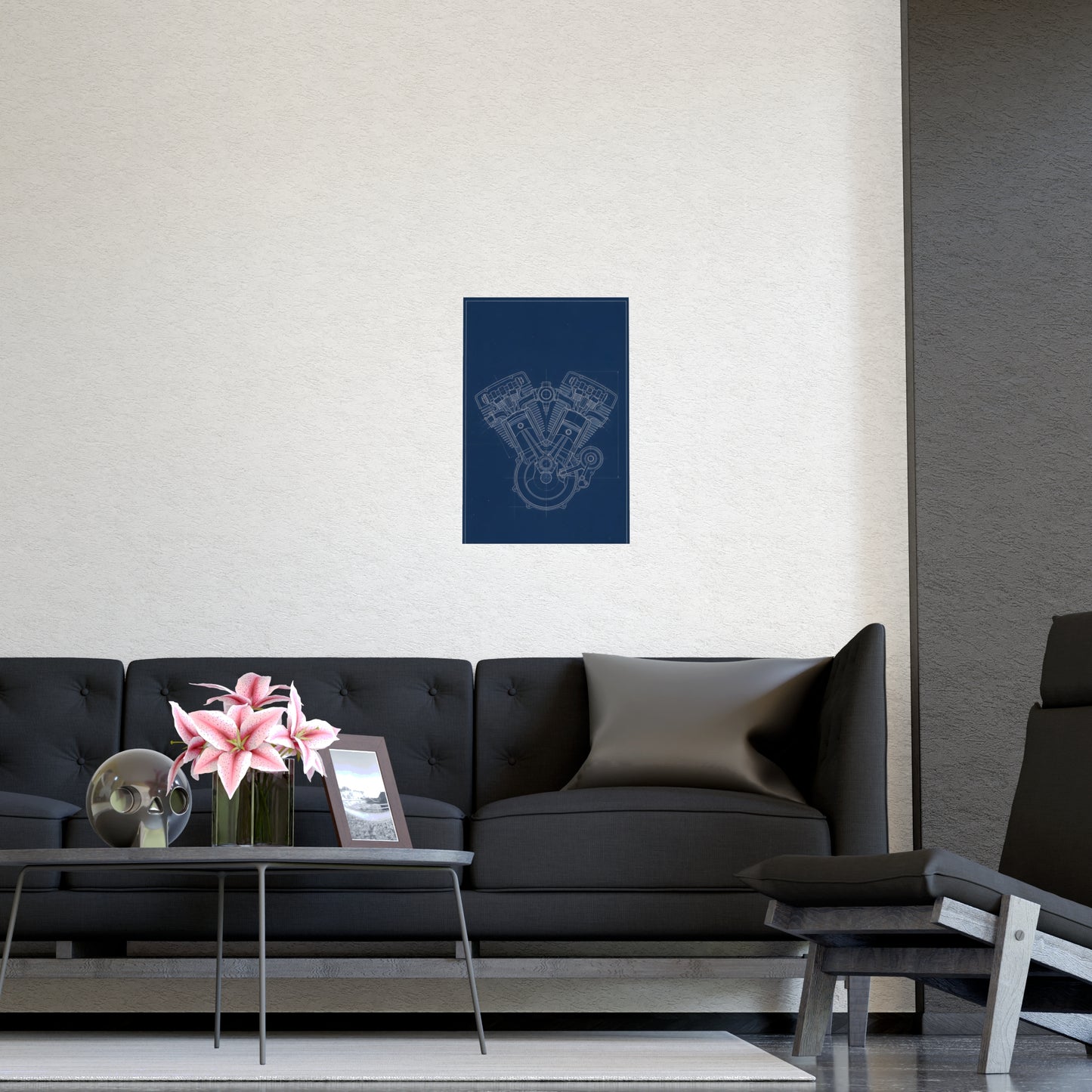 V-Twin Engine hung on a grey wall above a dark sofa, 16x24 in print