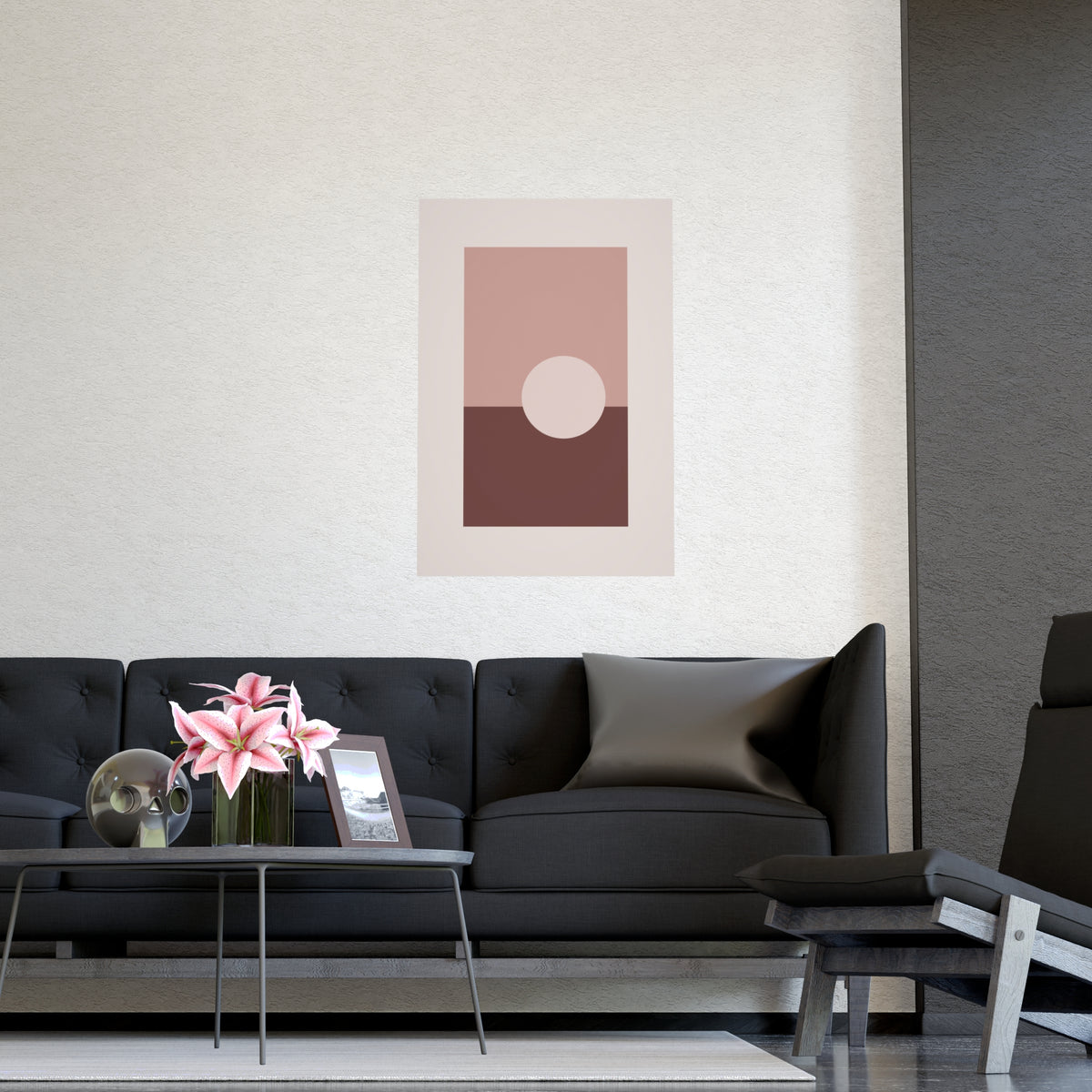 Dusty Rose Sun Landscape Wall Art — sun landscape in a dusty rose palette, shown framed on a wall