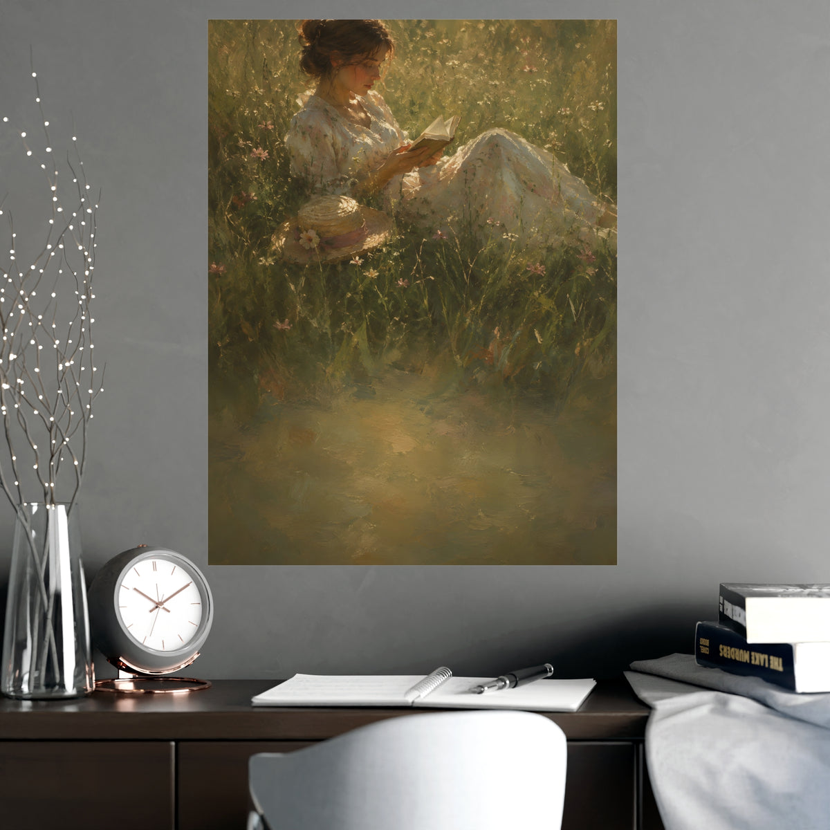 Reading in Tall Grass — a woman reading in tall summer grass, straw hat beside her, shown framed on a wall