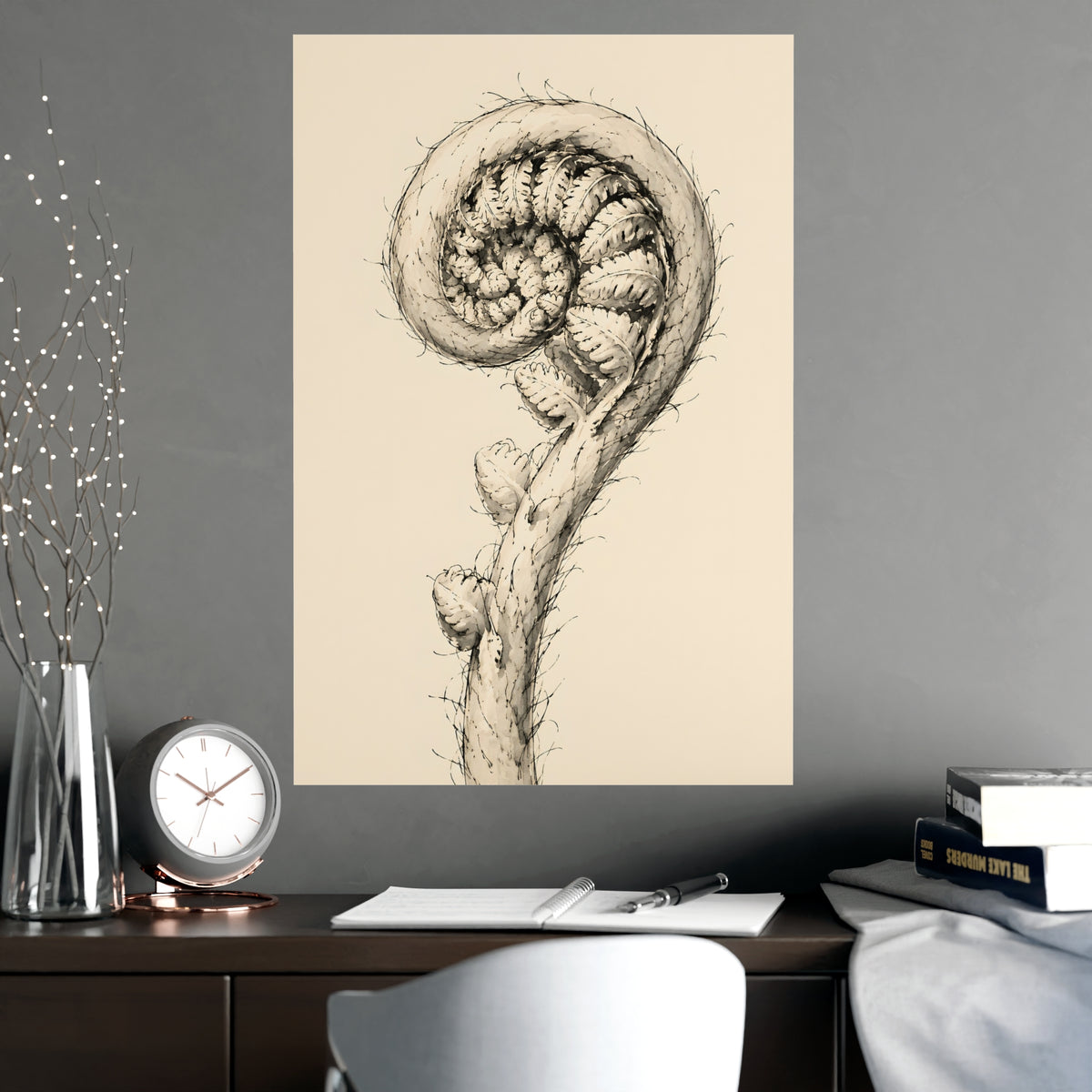Fern, Still Curled — fern, still curled, shown framed on a wall