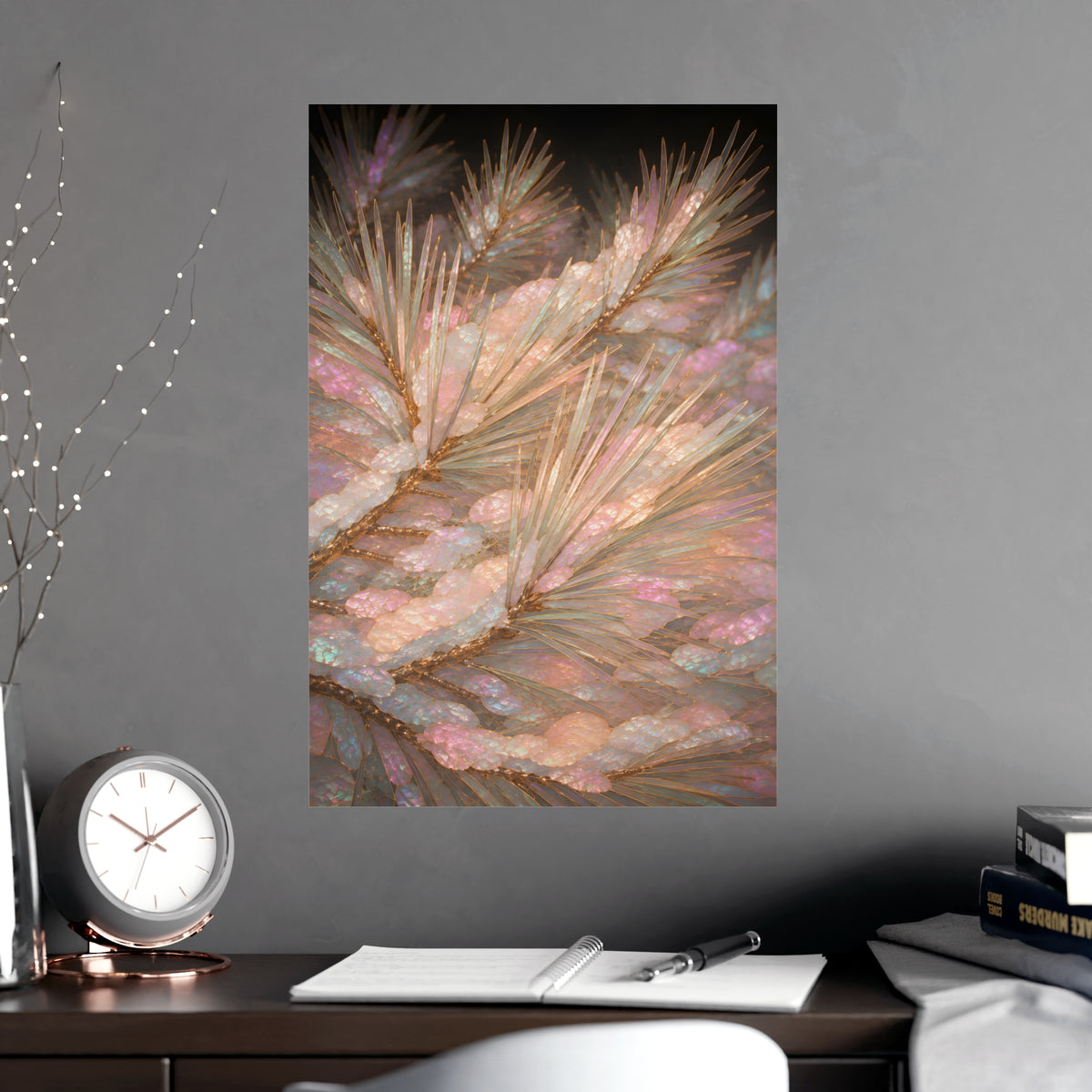 Snow on Pine — snow on pine, shown framed on a wall