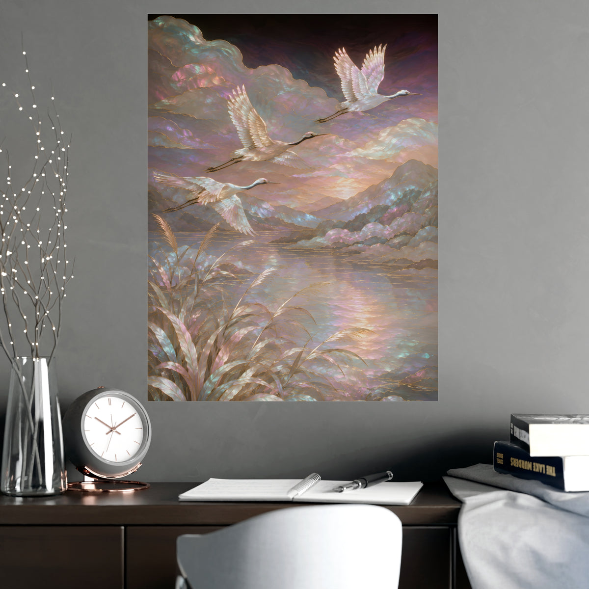 Cranes over Water — cranes over water, shown framed on a wall