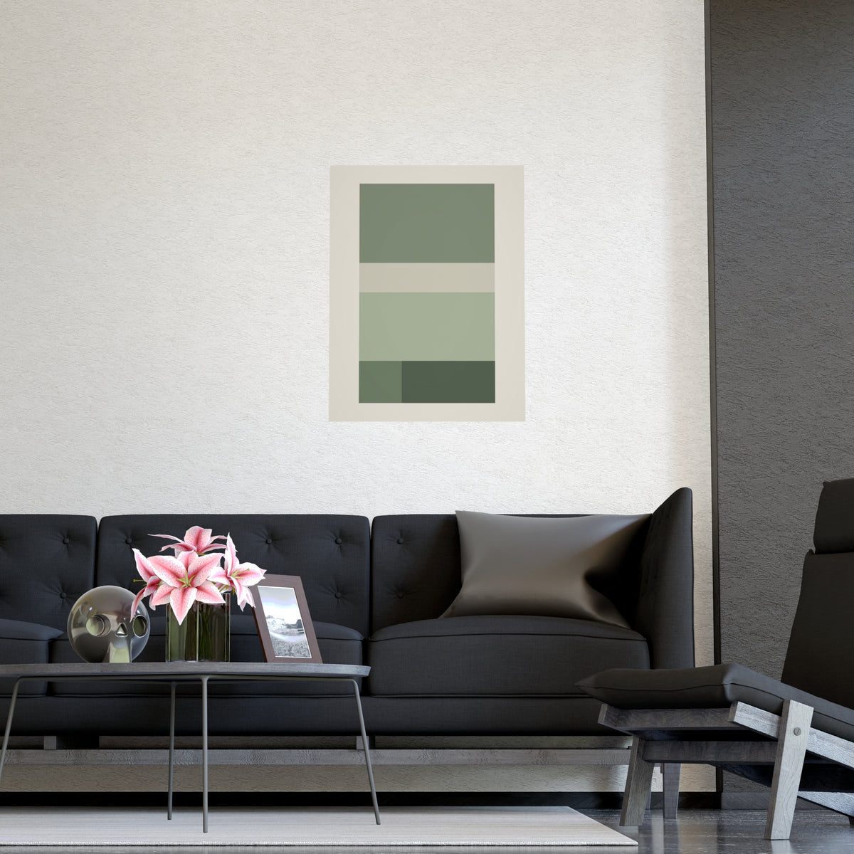 Sage Neutral Blocks Boho Wall Art — blocks in a sage neutral palette, shown framed on a wall