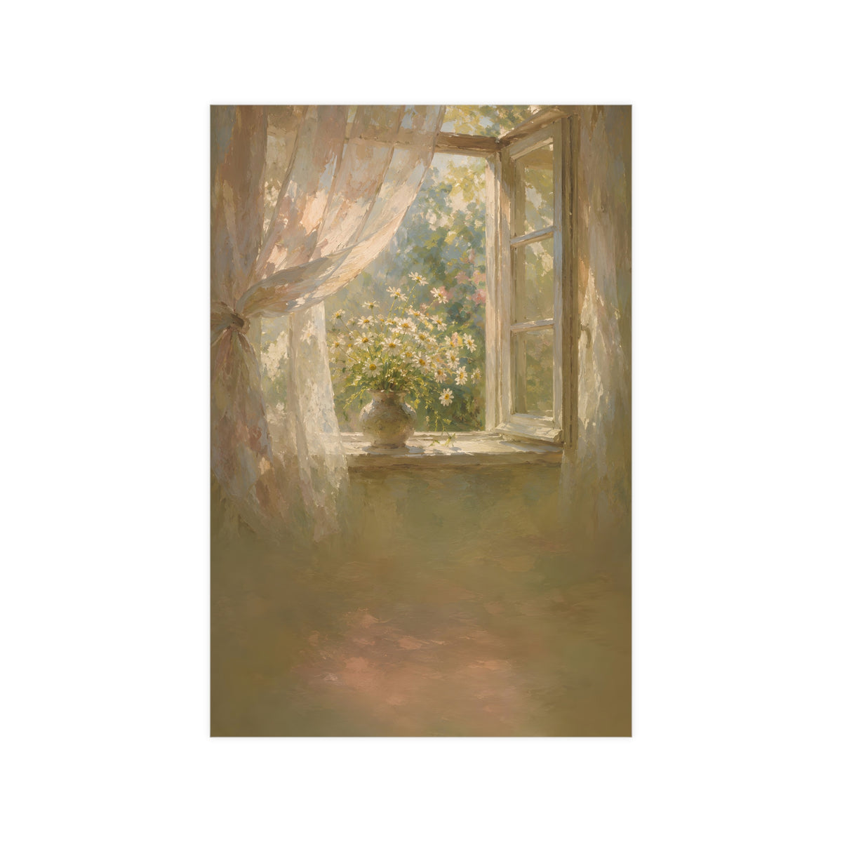 Daisies on the Sill — an open window with sheer curtains lifting in the breeze and a vase of daisies on the sill, 12x18 in pr