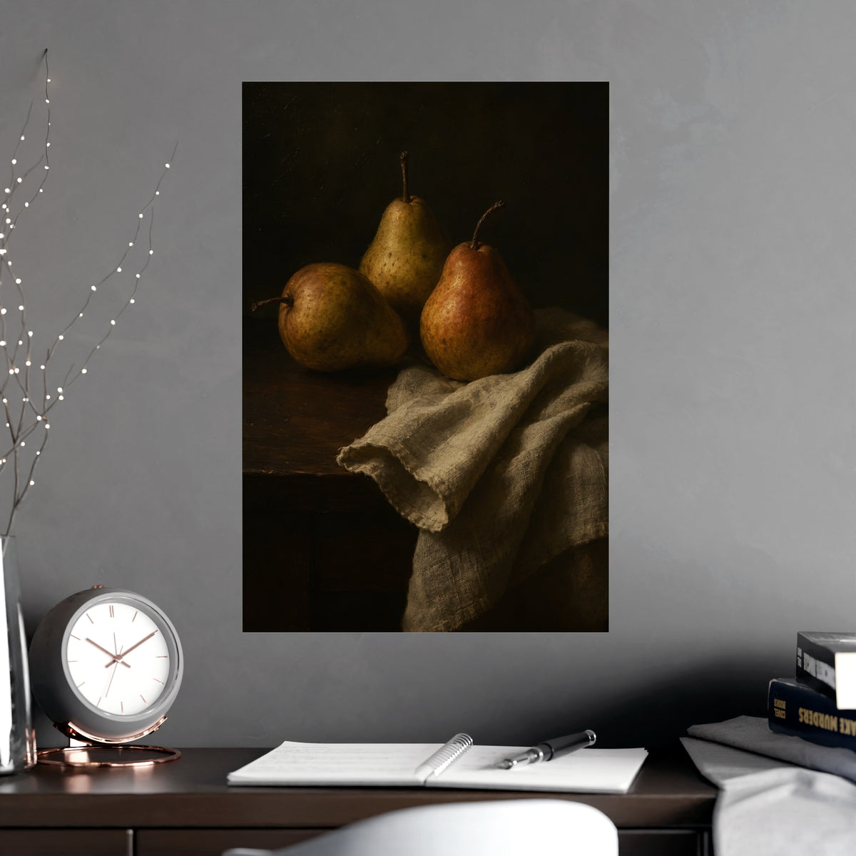 Three Pears — three pears, shown framed on a wall
