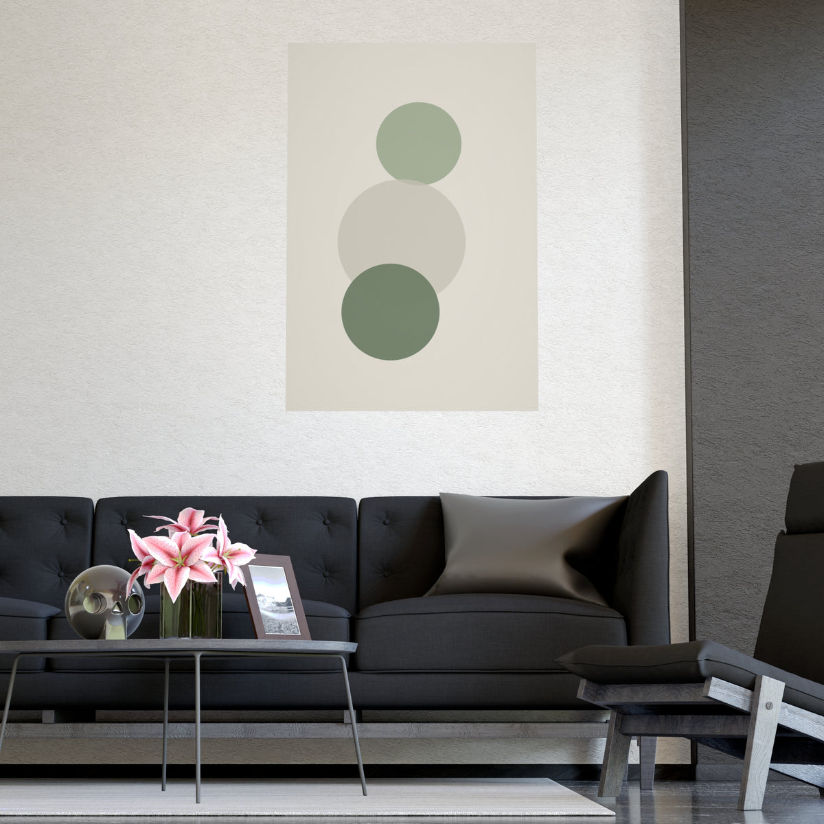 Sage Neutral Circles Boho Wall Art — circles in a sage neutral palette, shown framed on a wall