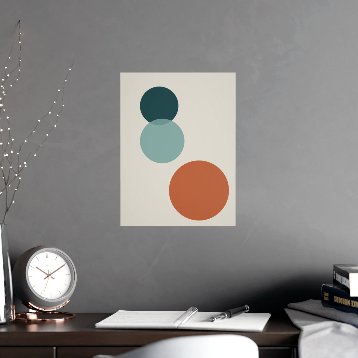 Deep Teal Circles Modern Wall Art — circles in a deep teal palette, shown framed on a wall