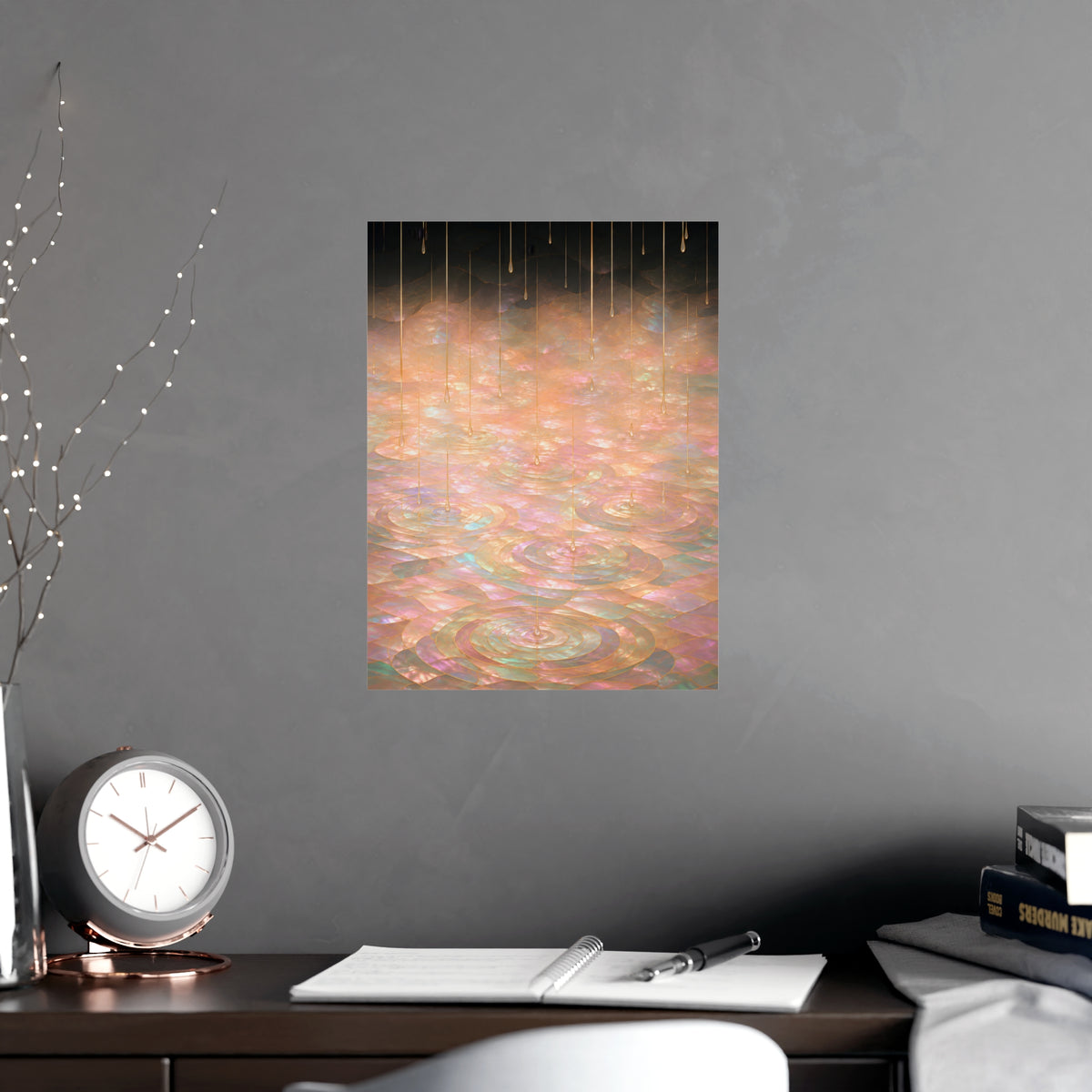 Rain on Still Water — rain on still water, shown framed on a wall