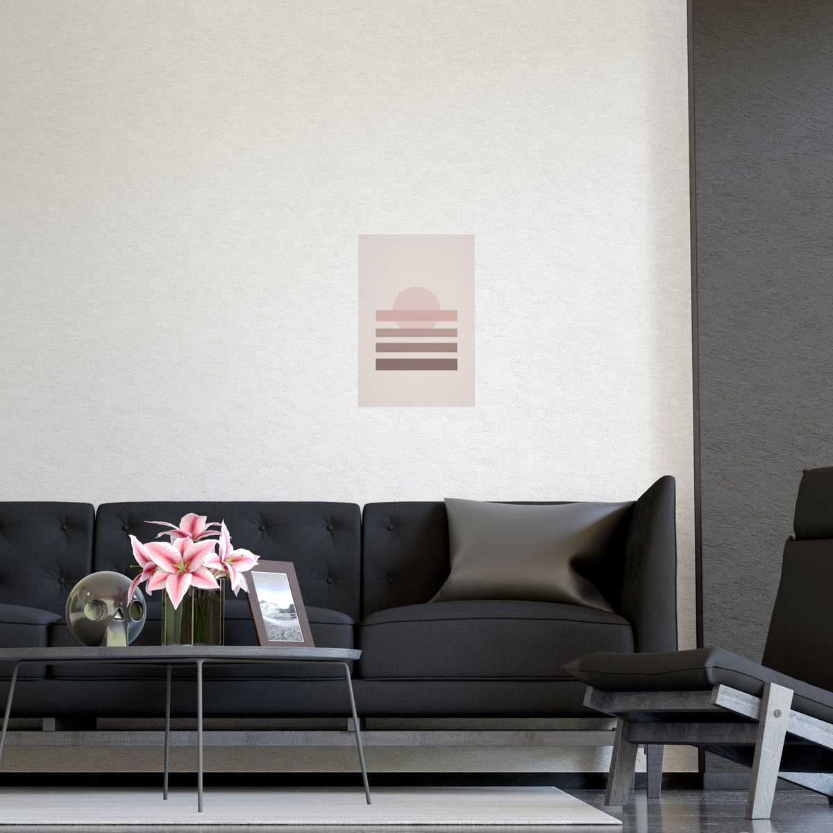 Dusty Rose Sunset Landscape Wall Art — sunset landscape in a dusty rose palette, shown framed on a wall