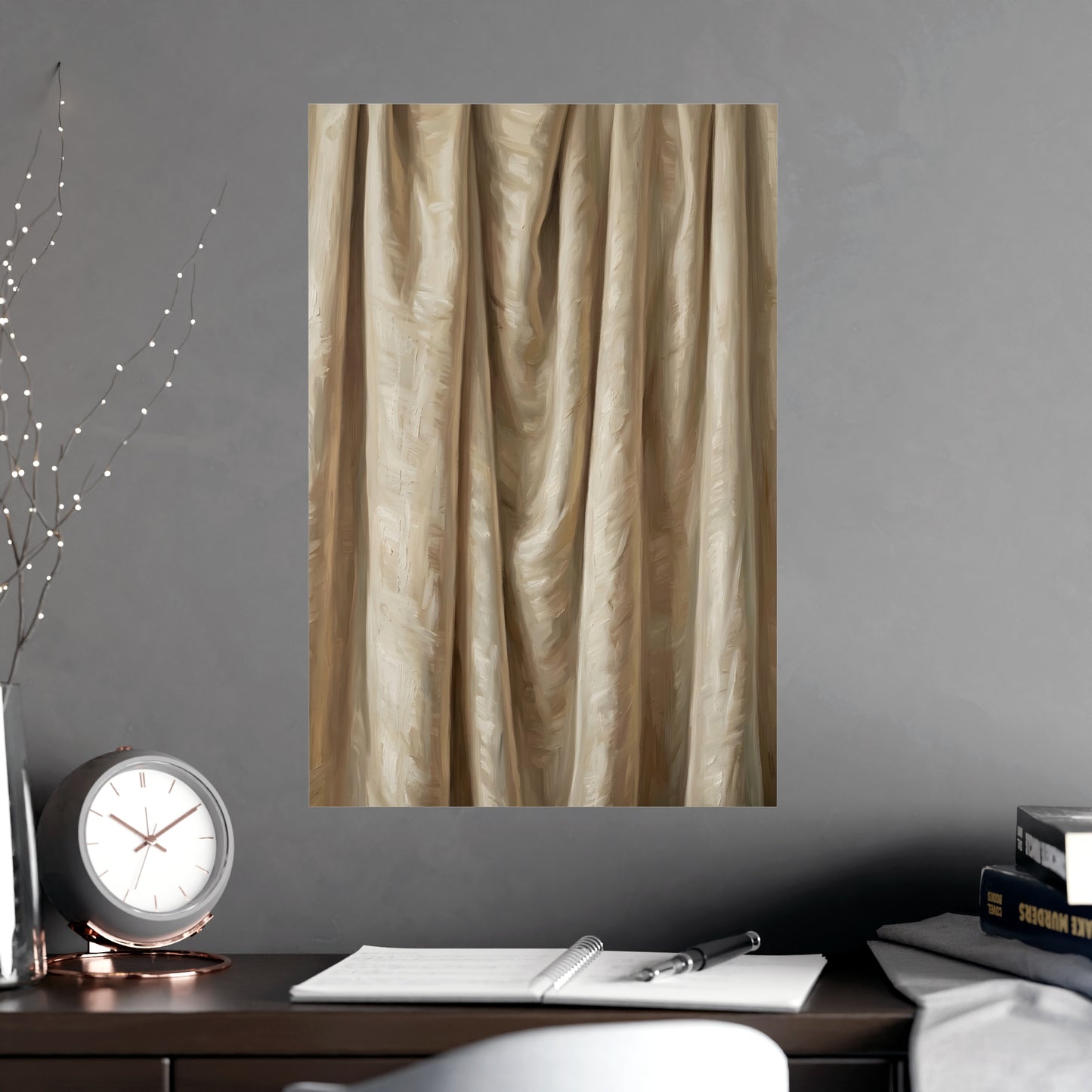 Raw Silk on a living room wall beside a tall vase, 18x24 in print