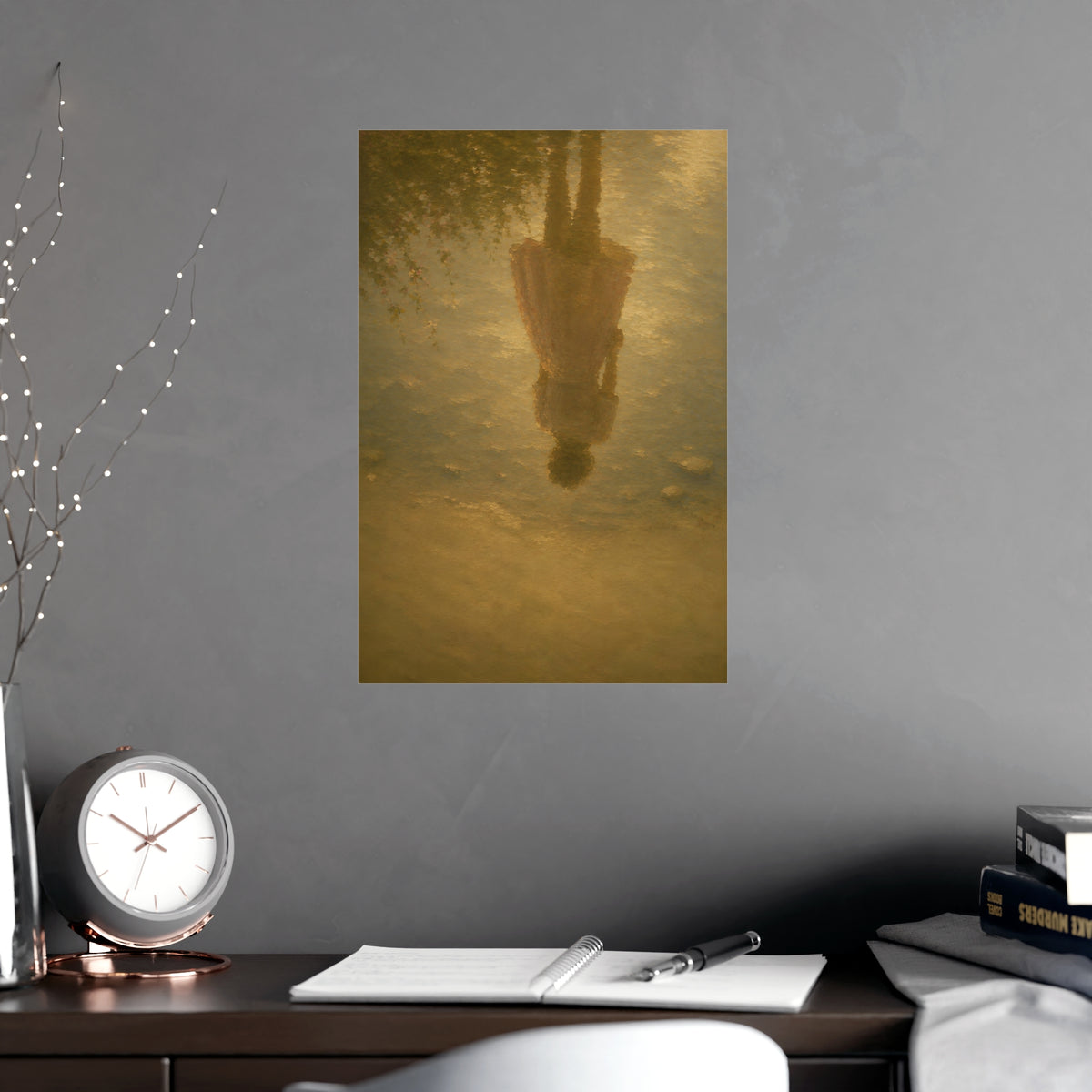 Reflected in the Shallows — only a woman's reflection in still shallow water, the figure herself out of frame, shown framed o