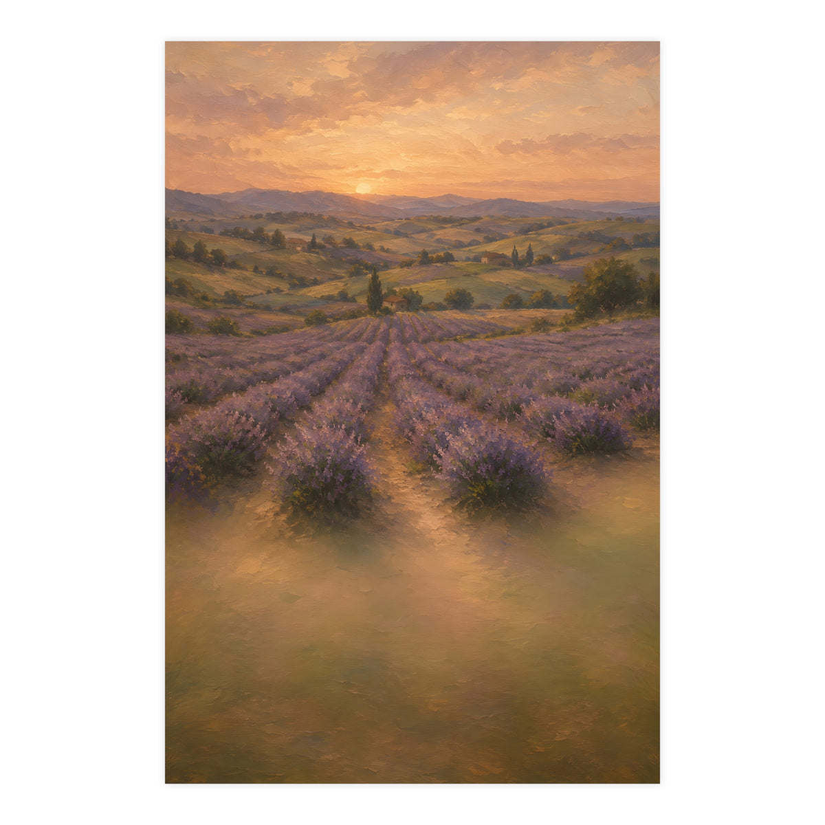 Lavender Fields at Dusk — lavender rows receding into soft hills at dusk, 24x36 in print