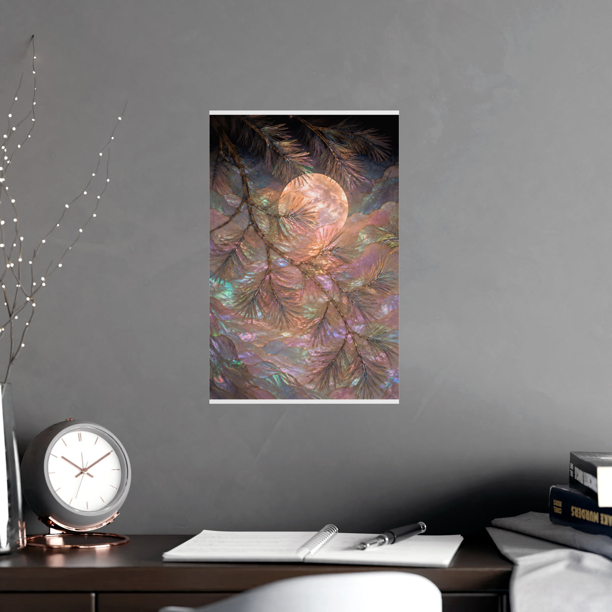 Moon behind Pines — moon behind pines, shown framed on a wall